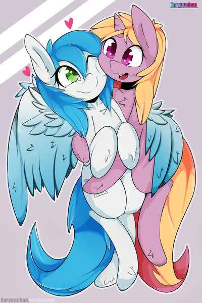 Size: 1280x1920 | Tagged: safe, artist:enryuuchan, derpibooru import, oc, oc:bright heart, oc:tied hooves, unofficial characters only, pegasus, pony, unicorn, bipedal, heart, looking at each other