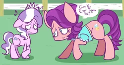 Size: 1024x539 | Tagged: safe, artist:typhwosion, derpibooru import, diamond tiara, spoiled rich, earth pony, pony, crusaders of the lost mark, awkward, awkward moment, begging, bowing, clothes, crossed legs, crying, cutie mark, female, filly, forgiveness, frown, good spoiled rich, heartwarming, jewelry, looking down, mare, milf, mother, mother and daughter, nervous, reconciliation, remorse, sad, shirt, speech bubble, sweat, sweatdrop, tiara