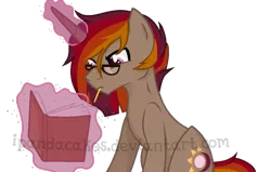 Size: 899x572 | Tagged: safe, artist:ipandacakes, derpibooru import, oc, oc:bailiwick, unofficial characters only, pony, book, magic, magical lesbian spawn, male, offspring, parent:sunset shimmer, parent:twilight sparkle, parents:sunsetsparkle, simple background, solo, stallion, transparent background, watermark