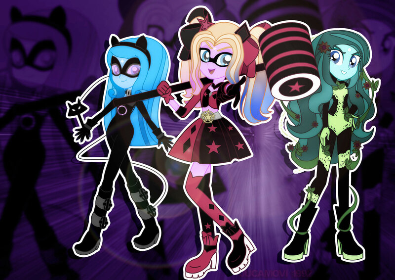 Size: 1600x1131 | Tagged: safe, artist:jucamovi1992, derpibooru import, oc, oc:aglaope, oc:piscis, oc:radne, oc:the dark stars, equestria girls, catwoman, clothes, cosplay, costume, crossover, dc comics, harley quinn, poison ivy