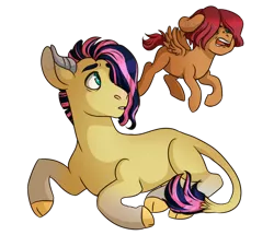 Size: 1600x1373 | Tagged: safe, artist:whisperseas, derpibooru import, oc, oc:stormhoof, unnamed oc, unofficial characters only, hybrid, pegasus, pony, brothers, colt, half-siblings, interspecies offspring, male, offspring, parent:fluttershy, parent:hoops, parent:iron will, parents:hoopshy, parents:ironshy, simple background, transparent background