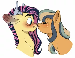 Size: 1599x1244 | Tagged: safe, artist:whisperseas, derpibooru import, oc, oc:stormhoof, oc:topaz apple, unofficial characters only, earth pony, hybrid, pony, blushing, blushing profusely, eyes closed, female, interspecies offspring, male, mare, nose kiss, offspring, parent:big macintosh, parent:fluttershy, parent:iron will, parent:marble pie, parents:ironshy, parents:marblemac, simple background, stallion, white background