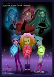 Size: 1600x2263 | Tagged: safe, artist:jucamovi1992, derpibooru import, adagio dazzle, aria blaze, sonata dusk, oc, oc:aglaope, oc:piscis, oc:radne, oc:the dark stars, equestria girls, derp, evil, the dazzlings