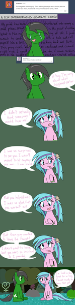 Size: 1280x5145 | Tagged: safe, artist:hummingway, derpibooru import, oc, oc:feather hummingway, oc:swirly shells, unofficial characters only, absurd resolution, ask-humming-way, dialogue, tumblr, tumblr comic