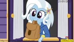 Size: 1771x996 | Tagged: safe, artist:conikiblasu-fan, derpibooru import, trixie, equestria girls, to where and back again, bag, clothes, cute, diatrixes, equestria girls interpretation, equestria girls-ified, female, hoodie, humans doing horse things, mouth hold, saddle bag, scene interpretation, silly human, solo, to saddlebags and back again, trixie's wagon