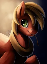 Size: 850x1150 | Tagged: safe, artist:camyllea, derpibooru import, big macintosh, earth pony, pony, freckles, hay, macabetes, male, raised hoof, simple background, smiling, solo, stallion