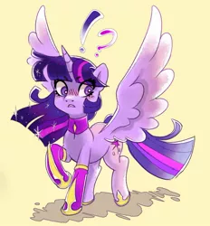 Size: 1073x1155 | Tagged: safe, artist:sunbusting, derpibooru import, twilight sparkle, twilight sparkle (alicorn), alicorn, pony, blushing, choker, ethereal mane, exclamation point, interrobang, large wings, looking back, question mark, raised hoof, simple background, solo, spread wings, starry mane, surprised, wings