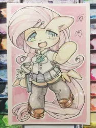 Size: 960x1280 | Tagged: arm hooves, artist:mosamosa_n, butt wings, clothes, cute, derpibooru import, fluttershy, pleated skirt, rabbit, safe, schoolgirl, school uniform, semi-anthro, shoes, shyabetes, simple background, skirt, socks, solo, thigh highs, traditional art, watercolor painting, zettai ryouiki