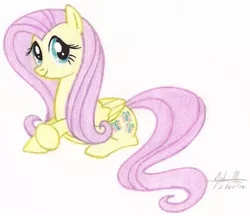 Size: 961x832 | Tagged: safe, artist:soulsliver249, derpibooru import, fluttershy, pegasus, pony, cute, female, looking at you, lying down, mare, prone, shyabetes, smiling, solo, traditional art