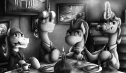 Size: 1250x731 | Tagged: safe, artist:jamescorck, derpibooru import, flam, flim, lucky clover, silver shill, alcohol, brothers, clothes, dinner, flim flam brothers, glass, grayscale, hatless, missing accessory, monochrome, necktie, smoking, story included, suit, wine