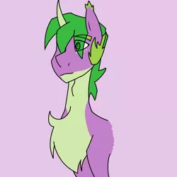 Size: 844x844 | Tagged: safe, artist:moonaknight13, derpibooru import, spike, pony, unicorn, adult spike, bat ears, chest fluff, freckles, older, ponified spike, simple background, smiling, solo