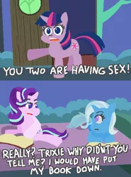 Size: 438x593 | Tagged: suggestive, artist:threetwotwo32232, derpibooru import, starlight glimmer, trixie, twilight sparkle, twilight sparkle (alicorn), alicorn, pony, book, dialogue, female, funny, lesbian, looking at each other, open mouth, parody, prone, roseanne, shipping, startrix