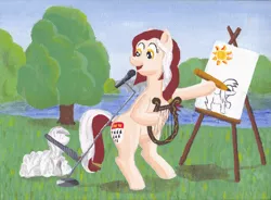 Size: 2844x2094 | Tagged: safe, artist:malte279, derpibooru import, oc, oc:colonia, unofficial characters only, earth pony, pony, acrylic painting, cologne, easel, lyre, mascot, meetup, microphone, musical instrument, pencil, traditional art