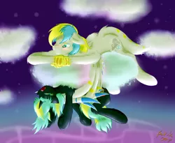 Size: 2928x2400 | Tagged: artist:frist44, aurora borealis, cirrent, cloud, crossed arms, derpibooru import, digital multimeter, hippogriff, oc, oc:cirrus sky, oc:electro current, safe, sleeping, unofficial characters only, wing hold, wings