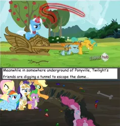 Size: 768x810 | Tagged: safe, derpibooru import, edit, edited screencap, screencap, applejack, fluttershy, pinkie pie, rainbow dash, rarity, snails, snips, spike, trixie, pony, unicorn, bats!, magic duel, 1000 years in photoshop, alicorn amulet, digging, dirty, dome, escape, escape from the dome, female, fridge logic, hub logo, magic, magic aura, mare, mud, telekinesis, tunnel, underground, vector