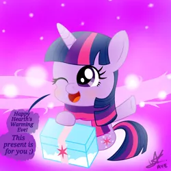 Size: 2048x2048 | Tagged: safe, artist:matchapony, derpibooru import, twilight sparkle, blushing, clothes, cute, gift giving, looking up, one eye closed, open mouth, present, scarf, sitting, smiling, solo, speech bubble, twiabetes, wink