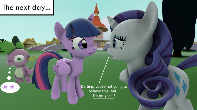 Size: 1920x1080 | Tagged: safe, artist:papadragon69, derpibooru import, rarity, spike, twilight sparkle, twilight sparkle (alicorn), alicorn, dragon, pony, unicorn, 3d, darling, female, magic pregnancy, male, mare, now you fucked up, ponyville, preggity, pregnant, shipping, source filmmaker, sparity, straight, uh oh, you dun goofed