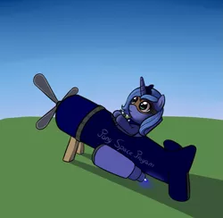 Size: 1115x1088 | Tagged: safe, artist:neuro, derpibooru import, princess luna, alicorn, pony, female, filly, goggles, hoof hold, plane, rocket, s1 luna, smiling, solo, space program, this will end in tears and/or a journey to the moon, woona, younger