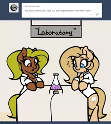 Size: 1280x1420 | Tagged: safe, artist:slavedemorto, derpibooru import, oc, oc:backy, oc:kiwi, unofficial characters only, pony, ask, bipedal, bipedal leaning, bubble, clothes, erlenmeyer flask, experiment, innuendo, lab coat, leaning, looking down, open mouth, sweat, tumblr