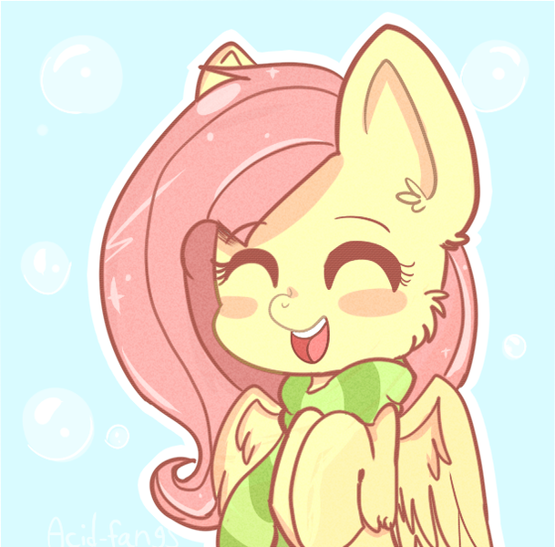 Size: 613x604 | Tagged: safe, artist:acid-fangs, derpibooru import, fluttershy, blushing, blush sticker, bust, clothes, cute, eyes closed, happy, portrait, scarf, shyabetes, smiling, solo