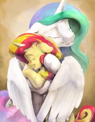 Size: 825x1050 | Tagged: safe, artist:silfoe, derpibooru import, princess celestia, sunset shimmer, pony, :t, cute, duo, duo female, eyes closed, female, floppy ears, forgiveness, grin, heartwarming in hindsight, hug, missing accessory, momlestia, reunion, simple background, smiling, teacher and student, the prodigal sunset, winghug