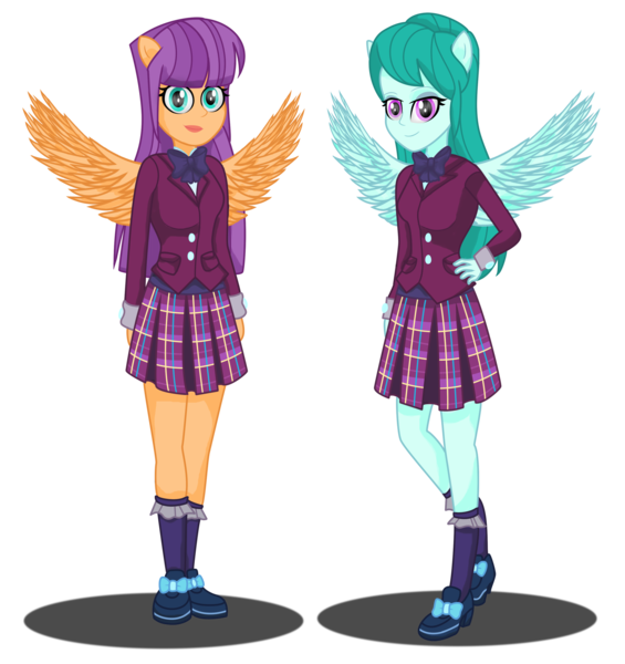 Size: 2903x3082 | Tagged: safe, artist:deannaphantom13, derpibooru import, cold forecast, ginger owlseye, equestria girls, friendship games, clothes, crystal prep academy, crystal prep academy uniform, crystal prep shadowbolts, cute, duo, duo female, female, high heels, pleated skirt, ponied up, school uniform, shoes, simple background, skirt, socks, transparent background, vector, wings