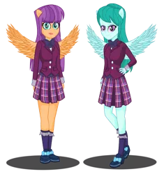 Size: 2903x3082 | Tagged: safe, artist:deannaphantom13, derpibooru import, cold forecast, ginger owlseye, equestria girls, friendship games, clothes, crystal prep academy, crystal prep academy uniform, crystal prep shadowbolts, cute, duo, duo female, female, high heels, pleated skirt, ponied up, school uniform, shoes, simple background, skirt, socks, transparent background, vector, wings
