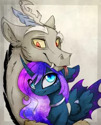 Size: 1820x2263 | Tagged: safe, artist:magnaluna, derpibooru import, discord, princess luna, alicorn, draconequus, pony, curved horn, cute, cute little fangs, fangs, galaxy mane, hug, lunabetes, lunacord, male, shipping, straight, tongue out