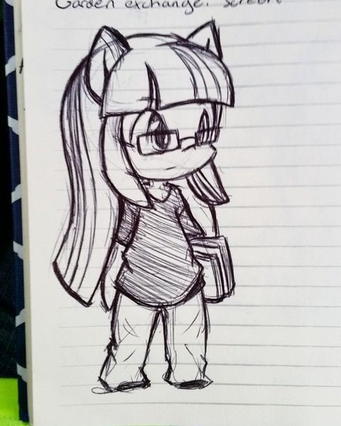 Size: 970x1212 | Tagged: artist:gummigator, book, chibi, cute, derpibooru import, eared humanization, glasses, human, humanized, lined paper, safe, sketch, solo, traditional art, twiabetes, twilight sparkle