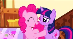 Size: 1360x730 | Tagged: safe, derpibooru import, screencap, pinkie pie, twilight sparkle, pony, unicorn, griffon the brush off, duo, eyes closed, smiling, sugarcube corner, unicorn twilight