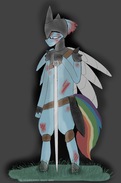 Size: 1944x2928 | Tagged: alternate timeline, anthro, apocalypse dash, armor, artist:itzdatag0ndray, blood, crying, crystal war timeline, damaged, dark, derpibooru import, ear fluff, glow, grass, gray background, rainbow dash, sad, scar, semi-grimdark, simple background, solo, sword, tears of pain, weapon