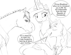 Size: 1280x989 | Tagged: artist:silfoe, clothes, derpibooru import, dialogue, eyes closed, fluffy, grayscale, grin, hoers, horse, horse-pony interaction, monochrome, oc, oc:horace octavius reginald sorrel edward, open mouth, prince blueblood, princess celestia, raised hoof, royal sketchbook, safe, simple background, smiling, speech bubble, underhoof, white background