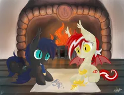 Size: 2600x2000 | Tagged: safe, artist:silviawing, artist:unisoleil, derpibooru import, oc, oc:red-white flash, oc:silvia rhea wing, unofficial characters only, bat pony, pony, 2015, chibi, collaboration, cute, drawing, fireplace, foal, nightpony, ocbetes