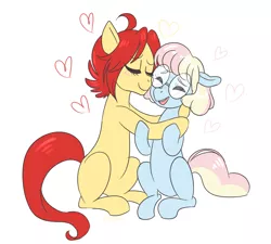 Size: 4000x3600 | Tagged: safe, artist:kaikururu, derpibooru import, oc, oc:crayola, oc:spellbind, unofficial characters only, earth pony, pony, couple, cute, duo, earth pony oc, eyes closed, female, floppy ears, glasses, heart, hug, image, lesbian, mare, oc x oc, ocbetes, png, request, requested art, shipping, simple background, smiling, white background