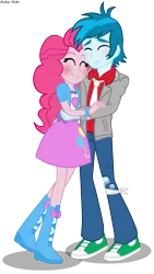 Size: 689x1224 | Tagged: safe, artist:asika-aida, derpibooru import, pinkie pie, thunderbass, equestria girls, art trade, blushing, boots, clothes, eyes closed, high heel boots, male, pants, pinkiebass, shipping, simple background, skirt, smiling, sneakers, straight, transparent background