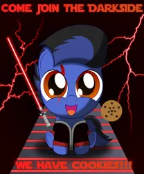 Size: 2000x2400 | Tagged: safe, artist:spellboundcanvas, derpibooru import, oc, unofficial characters only, pony, clothes, cookie, crossover, cute, dark side, food, jacket, lightning, lightsaber, ocbetes, red lightning, scar, sith, solo, star wars, text, we have cookies, weapon