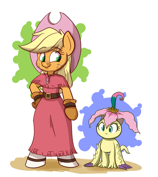 Size: 1250x1400 | Tagged: anthro, applejack, artist:heir-of-rick, clothes, crossover, cute, daily apple pony, derpibooru import, digimon, dress, fluttershy, jackabetes, mimi, mimi tachikawa, palmon, safe, shyabetes, species swap, unguligrade anthro