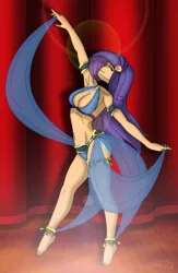 Size: 1513x2316 | Tagged: armpits, artist:tyron91, barefoot, belly button, belly dancer, breasts, busty rarity, cleavage, clothes, cutie mark on human, dancing, dancity, derpibooru import, eyes closed, feet, female, human, humanized, rarity, ring, see-through, sexy, solo, solo female, stage, suggestive