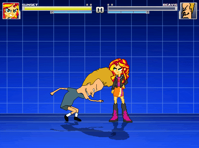 Size: 640x478 | Tagged: questionable, artist:toonalexsora007, derpibooru import, sunset shimmer, equestria girls, animated, axe kick, beavis, beavis and butthead, crossover, cunt punt, gif, mugen, seizure warning, stomping
