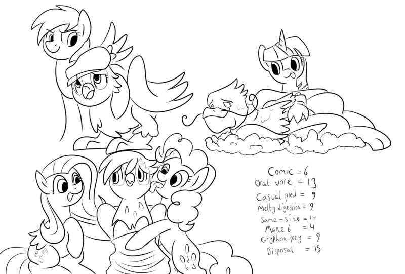 Size: 1479x1000 | Tagged: safe, artist:dudey64, derpibooru import, fluttershy, gilda, gimme moore, gustave le grande, pinkie pie, rainbow dash, twilight sparkle, earth pony, gryphon, pegasus, pony, female, flutterpred, hat, imminent vore, licking, mare, monochrome, newsboy hat, open mouth, pinkie pred, preddash, role reversal, tongue out, twipred