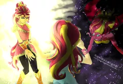 Size: 4092x2800 | Tagged: safe, artist:randyleighd, derpibooru import, sunset shimmer, equestria girls, legend of everfree, absurd resolution, clothes, elf ears, evil, good, ponied up, rear view, solo, sunset satan, sunset's conscience, super ponied up