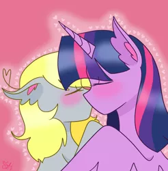 Size: 1024x1041 | Tagged: safe, artist:cubbybatdoodles, derpibooru import, derpy hooves, twilight sparkle, twilight sparkle (alicorn), alicorn, pony, blushing, female, heart, kissing, lesbian, shipping, twerpy