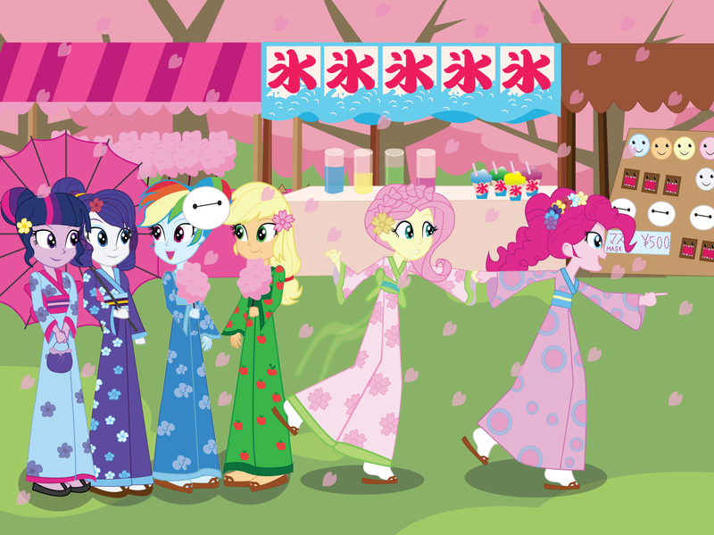 Size: 1600x1200 | Tagged: safe, artist:eninejcompany, derpibooru import, part of a set, applejack, fluttershy, pinkie pie, rainbow dash, rarity, twilight sparkle, equestria girls, baymax, clothes, cotton candy, domo, equestria girls around the world, festival, food, japan, japanese, kimono (clothing), mane six, matsuri, part of a series, umbrella, yukata