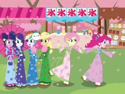 Size: 1600x1200 | Tagged: safe, artist:eninejcompany, derpibooru import, part of a set, applejack, fluttershy, pinkie pie, rainbow dash, rarity, twilight sparkle, equestria girls, baymax, clothes, cotton candy, domo, equestria girls around the world, festival, food, japan, japanese, kimono (clothing), mane six, matsuri, part of a series, umbrella, yukata