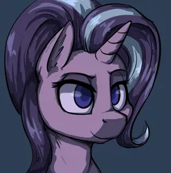 Size: 877x887 | Tagged: safe, artist:duop-qoub, artist:post-it, derpibooru import, starlight glimmer, pony, unicorn, blue background, bust, colored pupils, dark background, ear fluff, female, lidded eyes, mare, portrait, simple background, smiling, solo, style emulation