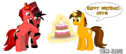 Size: 10679x4583 | Tagged: safe, artist:cyber-murph, derpibooru import, oc, oc:dajoestanator, oc:jasper pie, oc:spirit craft, oc:toonkriticy2k, unofficial characters only, pegasus, pony, unicorn, absurd resolution, cake, facial hair, fez, food, glasses, glowing horn, hat, headband, magic, magic aura, red and black oc, simple background, telekinesis, top hat, transparent background