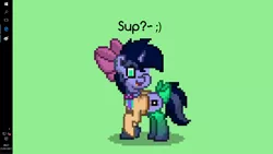 Size: 1366x768 | Tagged: safe, artist:kimjoman, derpibooru import, oc, oc:purple flix, unofficial characters only, pony, unicorn, pony town, bow, clothes, happy, one eye closed, shirt, smiling, socks, solo, wink