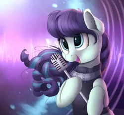 Size: 2000x1860 | Tagged: safe, artist:vanillaghosties, derpibooru import, coloratura, earth pony, pony, the mane attraction, abstract background, clothes, ear fluff, female, mare, microphone, microphone stand, open mouth, singing, smiling, solo, windswept mane