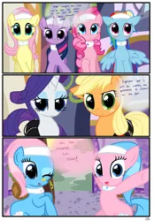 Size: 1741x2500 | Tagged: safe, artist:pyruvate, derpibooru import, aloe, applejack, fluttershy, lotus blossom, pinkie pie, rainbow dash, rarity, twilight sparkle, earth pony, pegasus, pony, unicorn, comic:the usual, comic, dialogue, group, mane six, outfits, spa, spa pony fluttershy, spa pony pinkie pie, spa pony rainbow dash, spa pony twilight sparkle, spa twins, unicorn twilight