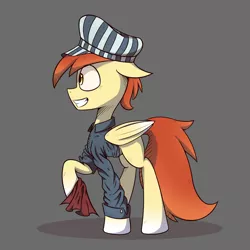 Size: 2000x2000 | Tagged: safe, artist:malphee, derpibooru import, oc, unofficial characters only, pegasus, pony, cloth, clothes, high res, male, railroad pony, raised hoof, simple background, smiling, solo, stallion